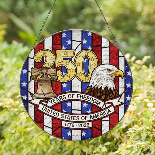 Golden 250 Liberty Bell Eagle American Freedom Anniversary Commemorative Gift Stained Glass Suncatcher