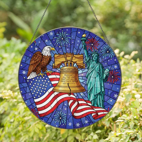 Liberty Bell Bald Eagle Statue of Liberty American Flag - Independence Day Gift Stained Glass Suncatcher
