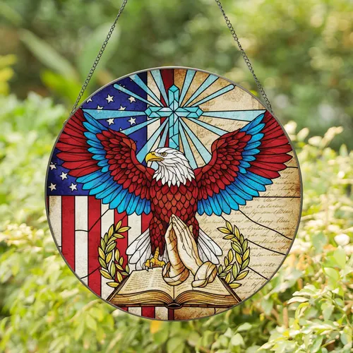 Bald Eagle American Flag Praying Hands - Independence Day Gift for Veterans Stained Glass Suncatcher