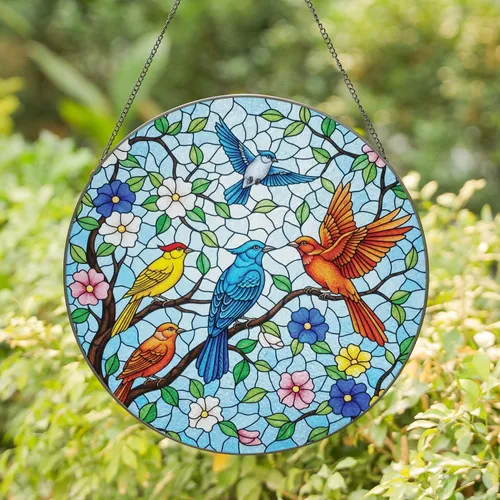 Five Birds Blooming Flowers Tree Branches - Home Decor Gift Stained Glass Suncatcher