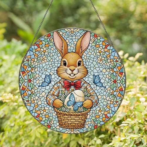 Bunny Easter Egg Plaid Shirt Butterflies Spring Blossom - Easter Gift Stained Glass Suncatcher