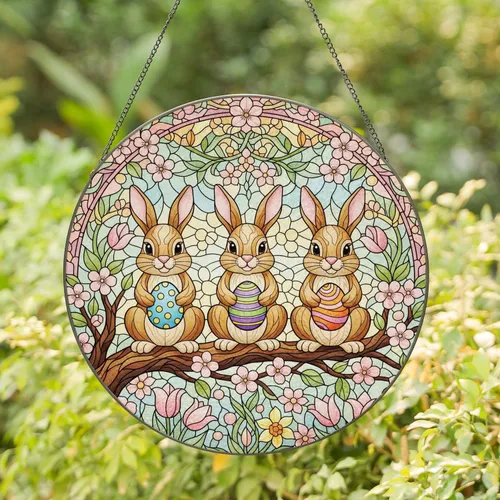 Three Bunnies Easter Eggs Cherry Blossoms Green Leaves Gnarled Branch Spring Flowers Geometric Patterns Easter Gift Stained Glass Suncatcher