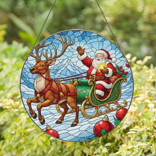 Santa Claus Waving Golden Orb Reindeer Sleigh Holly Berry Ornaments - Christmas Gift Stained Glass Suncatcher