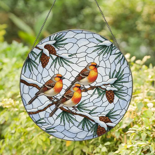 Winter Finches on Snowy Pine Branch - Wildlife Lover Home Decor Gift Stained Glass Suncatcher