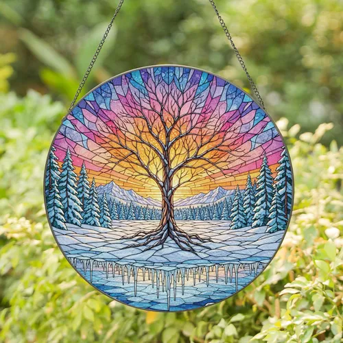 Snowy Tree Bare Branches Sunset Sky Frozen Lake Icicles Icy Mountains - Home Decor Gift Stained Glass Suncatcher