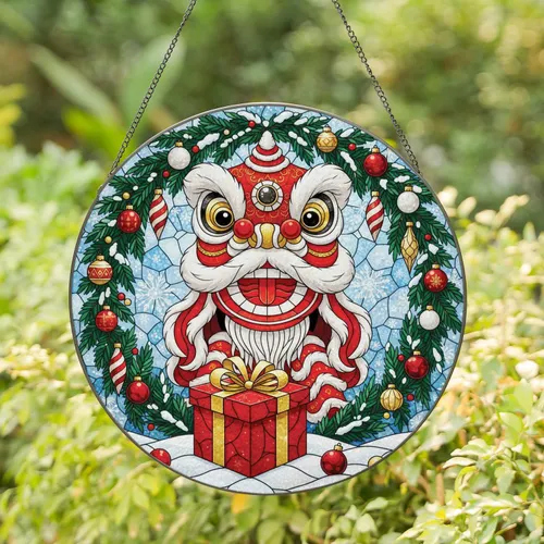 Chinese Lion Dance Head Christmas Gift Box - Winter Holiday Home Decor Stained Glass Suncatcher