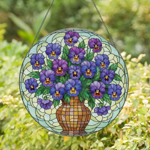 Pansy Flowers Bouquet Mosaic Vase - Housewarming Home Decor Gift for Garden Lover Stained Glass Suncatcher