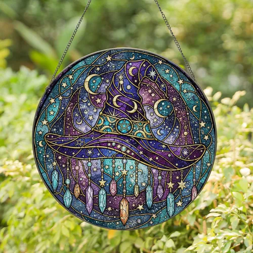 Witch's Hat Pentagram Cosmic Stars - Home Decor Gift for Fantasy Decor Stained Glass Suncatcher