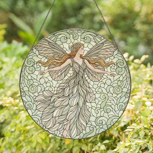 Female Fairy Leaf Wings Petal Gown Botanical Swirls - Home Decor Gift for Fairy Lover Stained Glass Suncatcher