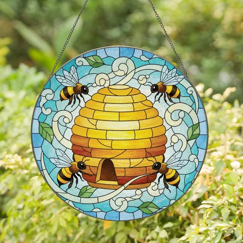 Farm Garden Skep Beehive Bees Green Leaves Cloud Swirls Dappled Light - Gift for Bee Lover Home Decor Stained Glass Suncatcher