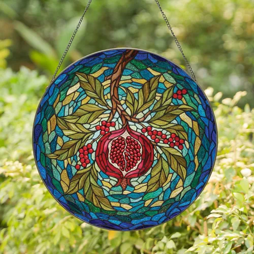 Pomegranate Fruit Branch Mosaic - Home Decor Gift for Garden Lover & Plant Admirer Stained Glass Suncatcher