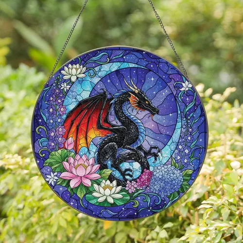 Black Dragon Cosmic Moon Lotus Hydrangea - Home Decor Gift for Fantasy Lover Stained Glass Suncatcher