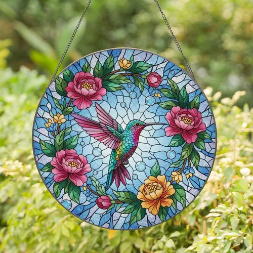 Hummingbird Peony Floral Wreath Bubbles - Home Decor Gift for Wildlife Lover Stained Glass Suncatcher