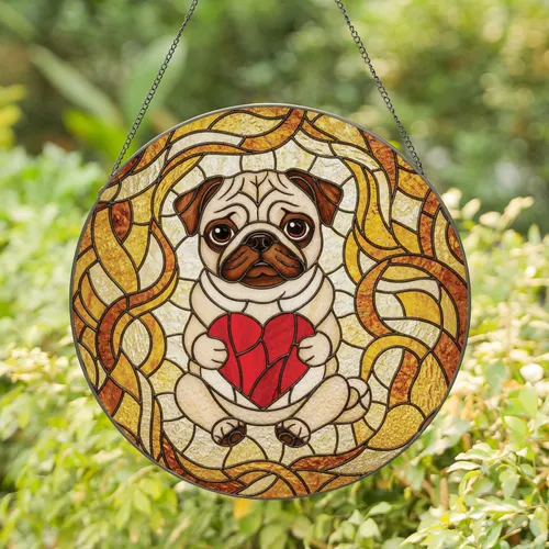 Pug Dog Tan Cream Red Heart - Meaningful Valentine's Day Home Decor Gift for Dog Lovers and Pet Owners Stained Glass Suncatcher