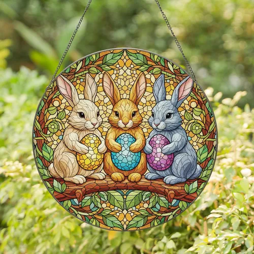 Three Bunnies Easter Egg Spring Foliage Branch - Easter Home Decor Gift for Bunny Lover Stained Glass Suncatcher