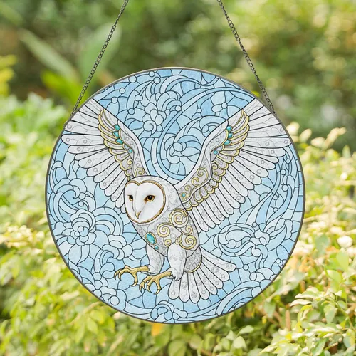 White Owl Gold Filigree Turquoise Crystal Jewels Clouds Floral - Home Decor Gift for Owl Lover Stained Glass Suncatcher