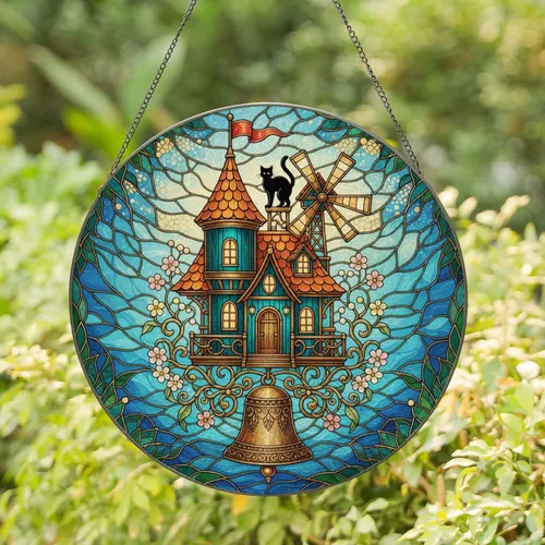 Miniature House Turret Windmill Bell Black Cat Vines Foliage Waterside - Home Decor Gift Stained Glass Suncatcher