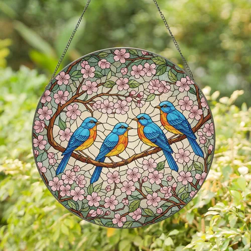 Five Songbirds Cherry Blossoms Tree Branch - Wildlife Lover Home Decor Gift Stained Glass Suncatcher