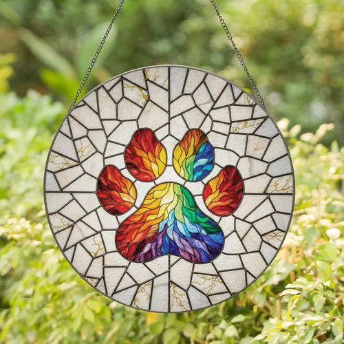 Rainbow Paw Print Mosaic - Home Window Decor Gift for Pet Lover Stained Glass Suncatcher