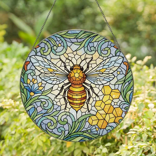 Honey Bee Floral Honeycomb - Home Decor Gift for Insect Lover Stained Glass Suncatcher