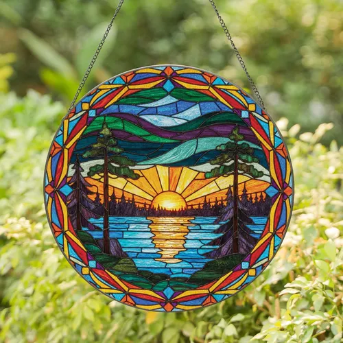 Full-Bleed Square Sunset Lake Pine Trees - Lake House Home Decor Gift for Cabin Owners Stained Glass Suncatcher