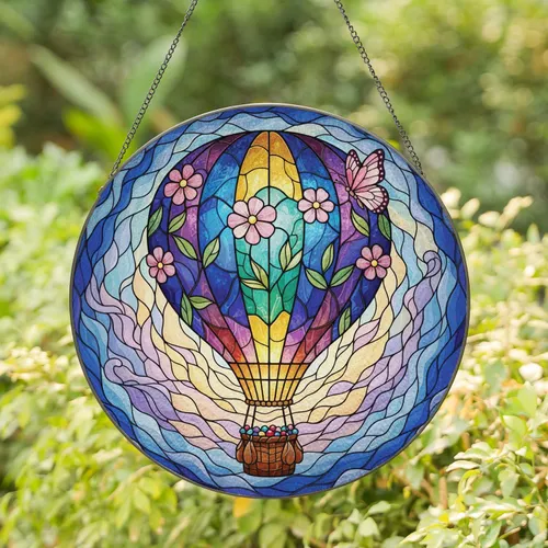 Luminous Stained Glass Hot Air Balloon Butterfly Sky Mosaic - Home Decor Gift Stained Glass Suncatcher