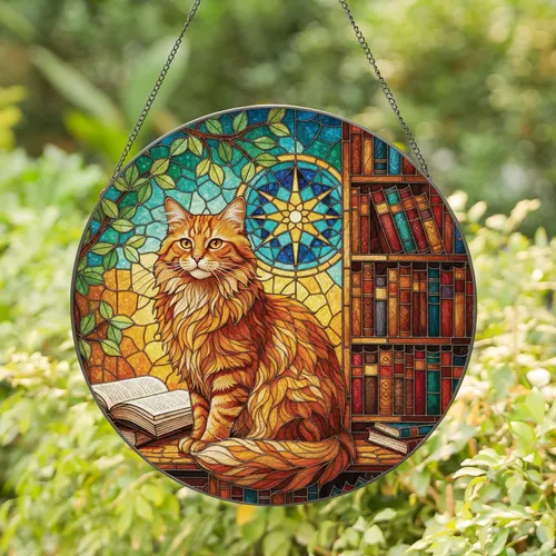Fluffy Tabby Cat Bookshelf Reading - Home Decor Gift for Book Lover Stained Glass Suncatcher