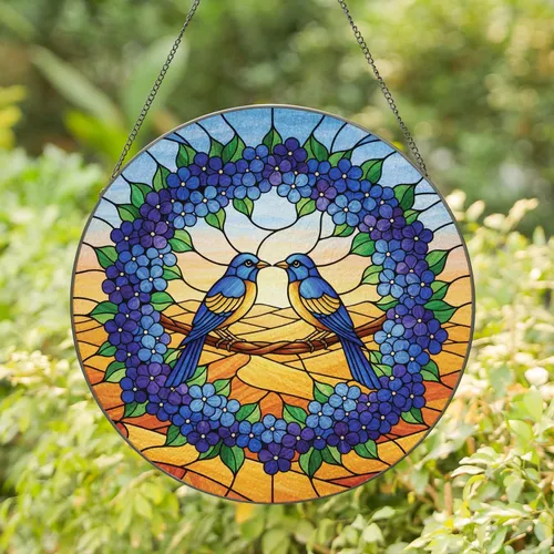 Blue Gold Birds Hydrangea Desert Landscape - Home Decor Gift for Bird Lovers Stained Glass Suncatcher