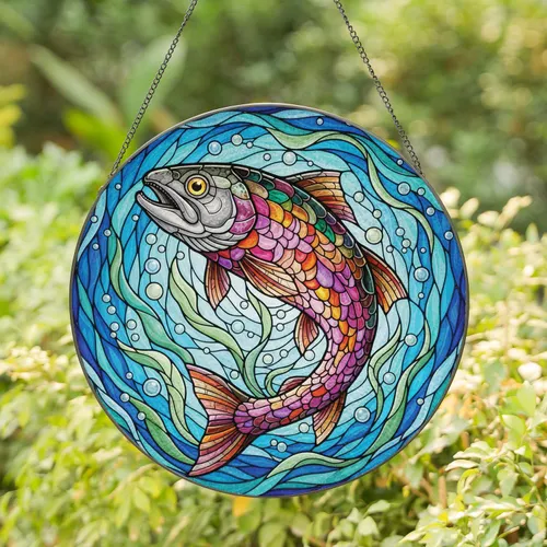 Trout Fish Swirling Water - Home Decor Gift for Wildlife Lover Stained Glass Suncatcher