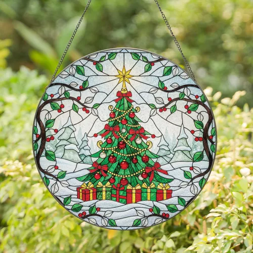 Christmas Tree Gift Boxes Winter Scene - Holiday Home Decor Stained Glass Suncatcher