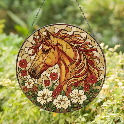 Flowing Mane Horse Head Lush Floral - Home Decor Gift for Horse Lover & Equestrian Stained Glass Suncatcher