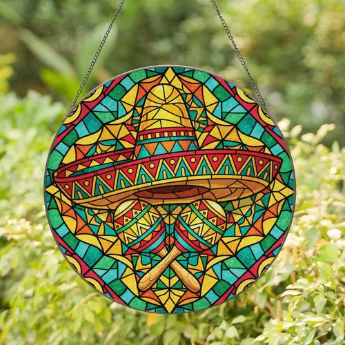 Festive Mexican Sombrero Maracas Crossed - Fiesta Party Celebration Home Decor Gift Stained Glass Suncatcher