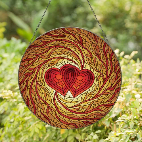 Stained Glass Interlocking Hearts Iridescent Vines Leaves Mosaic - Home Decor Gift Stained Glass Suncatcher