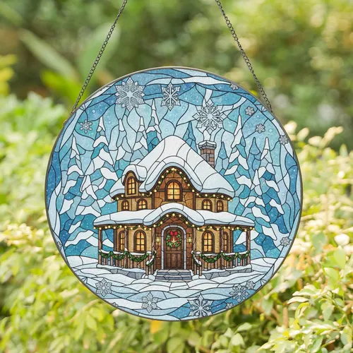 Winter Cottage Snowflakes Garland Wreath String Lights - Christmas Home Decor Gift Stained Glass Suncatcher