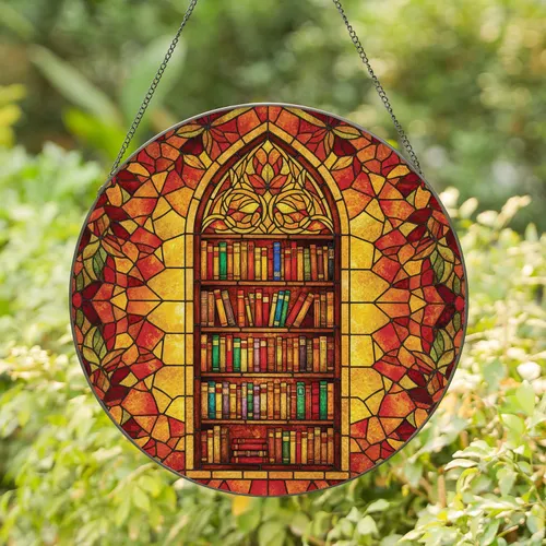 Bookshelf Gothic Arch Window Colorful Books Autumn Leaves - Home Decor Gift for Book Lovers Stained Glass Suncatcher