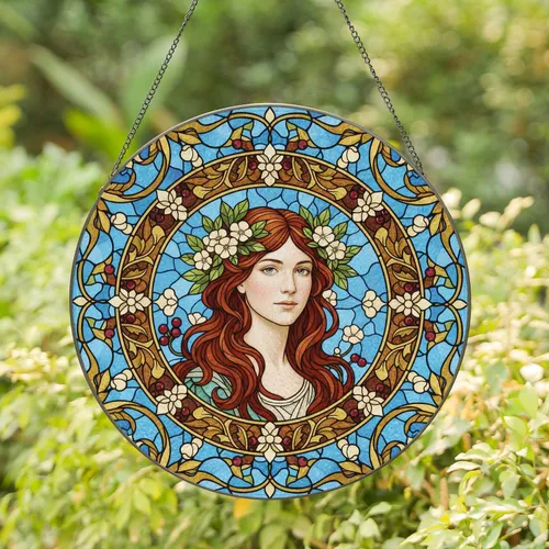 Woman Auburn Hair Flowers Leaf Vine Berry Mosaic - Home Decor Gift for Nature Lover Stained Glass Suncatcher
