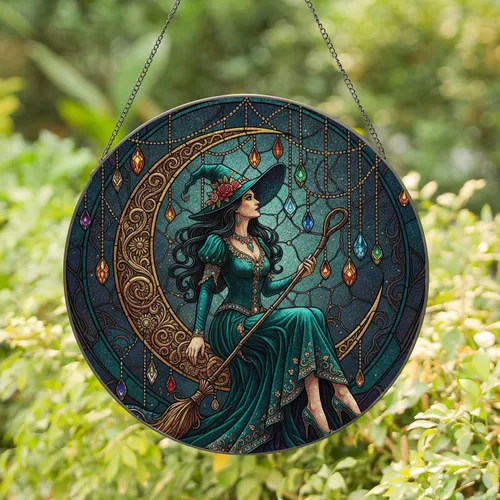 Dark Haired Witch Crescent Moon Broomstick Luminous Jewels Mosaic - Witchy Home Decor Gift Stained Glass Suncatcher