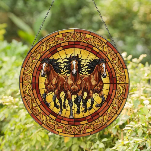 Tiffany Stained Glass Galloping Brown Horses Home Decor Gift for Horse Lover Stained Glass Suncatcher