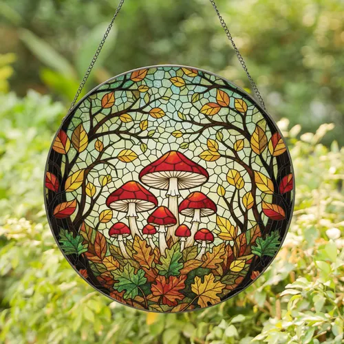 Red Mushroom Autumn Leaves Forest - Home Decor Gift for Forest Lover Stained Glass Suncatcher