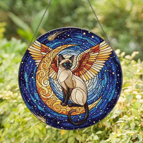 Winged Siamese Cat Crescent Moon Cosmic Sky - Home Decor Gift for Cat Lover Stained Glass Suncatcher