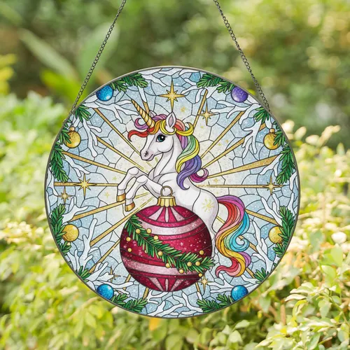 Baby Unicorn Christmas Ornament Evergreen Starburst - Holiday Decor Gift Stained Glass Suncatcher