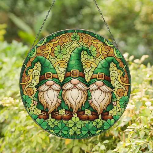 Gnomes Golden Buckle Hats Clover Shamrocks - Home Decor Gift for Gnome Lover Stained Glass Suncatcher