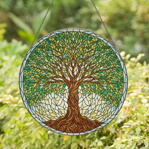 Stained Glass Tree of Life with Luminous Mosaic Background - Home Decor Gift for Garden Lover Stained Glass Suncatcher