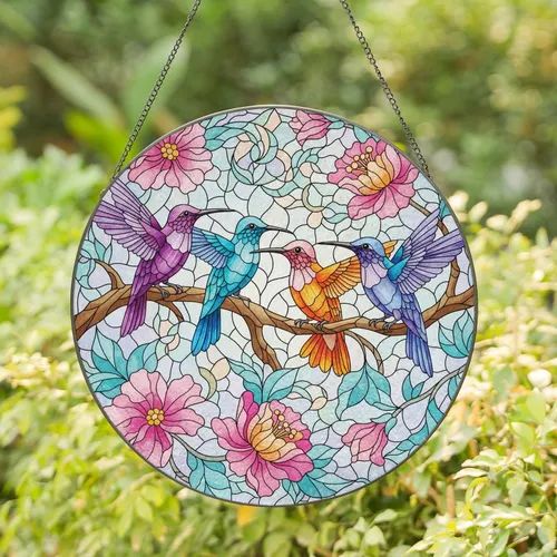 Four Hummingbirds Branch Flowers - Home Decor Gift for Wildlife Lover Stained Glass Suncatcher