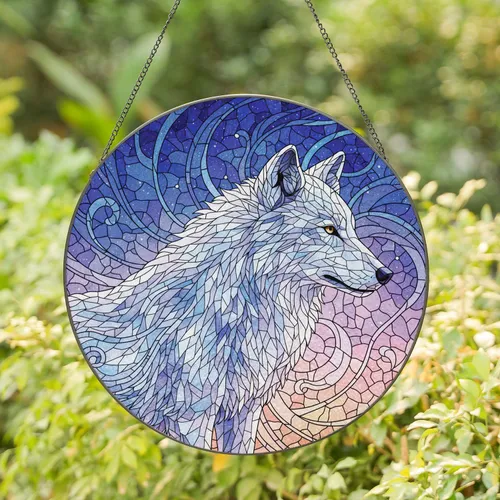 White Wolf Twilight Sky Swirls - Home Decor Gift for Wolf Lover Stained Glass Suncatcher
