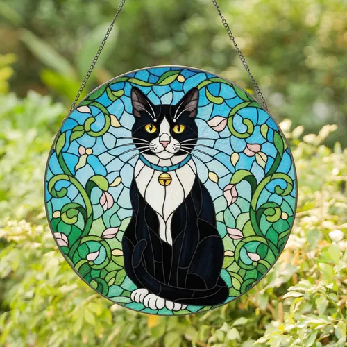 Tuxedo Cat Swirling Vines Floral Accents - Home Decor Gift for Cat Lover Stained Glass Suncatcher