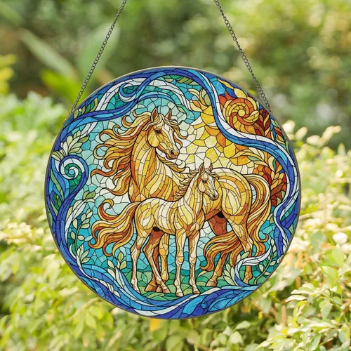 Mare Foal Horses Forest Sky Wildlife Lover Home Decor Gift for Equestrian Stained Glass Suncatcher