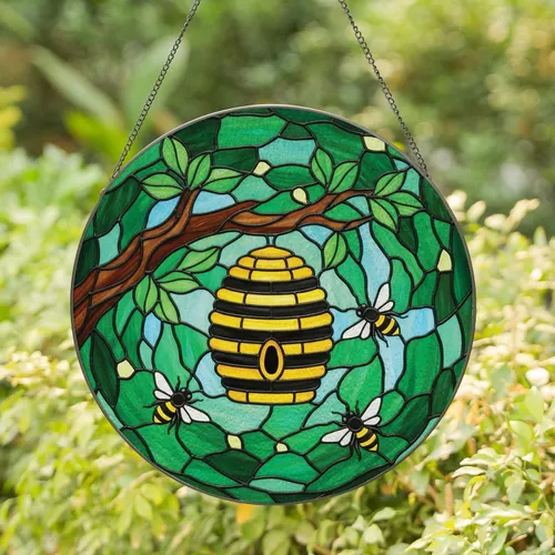 Beehive Worker Bees Green Leaves Branch - Wildlife Lover Home Decor Gift Stained Glass Suncatcher