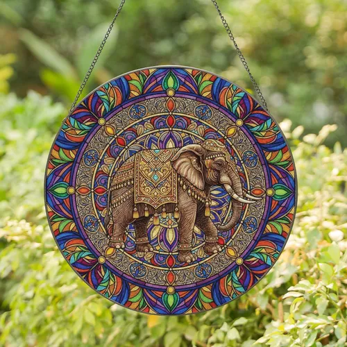 Asian Elephant Gold Jewel Medallion Radiating Mosaic - Wildlife Lover Home Decor Gift Stained Glass Suncatcher