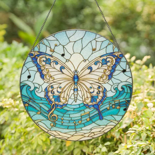 Majestic Butterfly Musical Notes Ocean Waves Palm Fronds Home Decor Gift for Music Lover Stained Glass Suncatcher